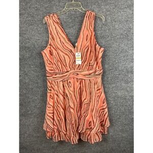 Bar III Mini Dress Women 14 Coral New Abstract Woodcut V-Neck Sleeveless Tiered